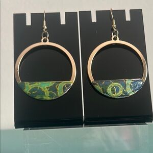 Gold Circle Drop Green Blue Acrylic Abstract Mosaic Hoop Earrings